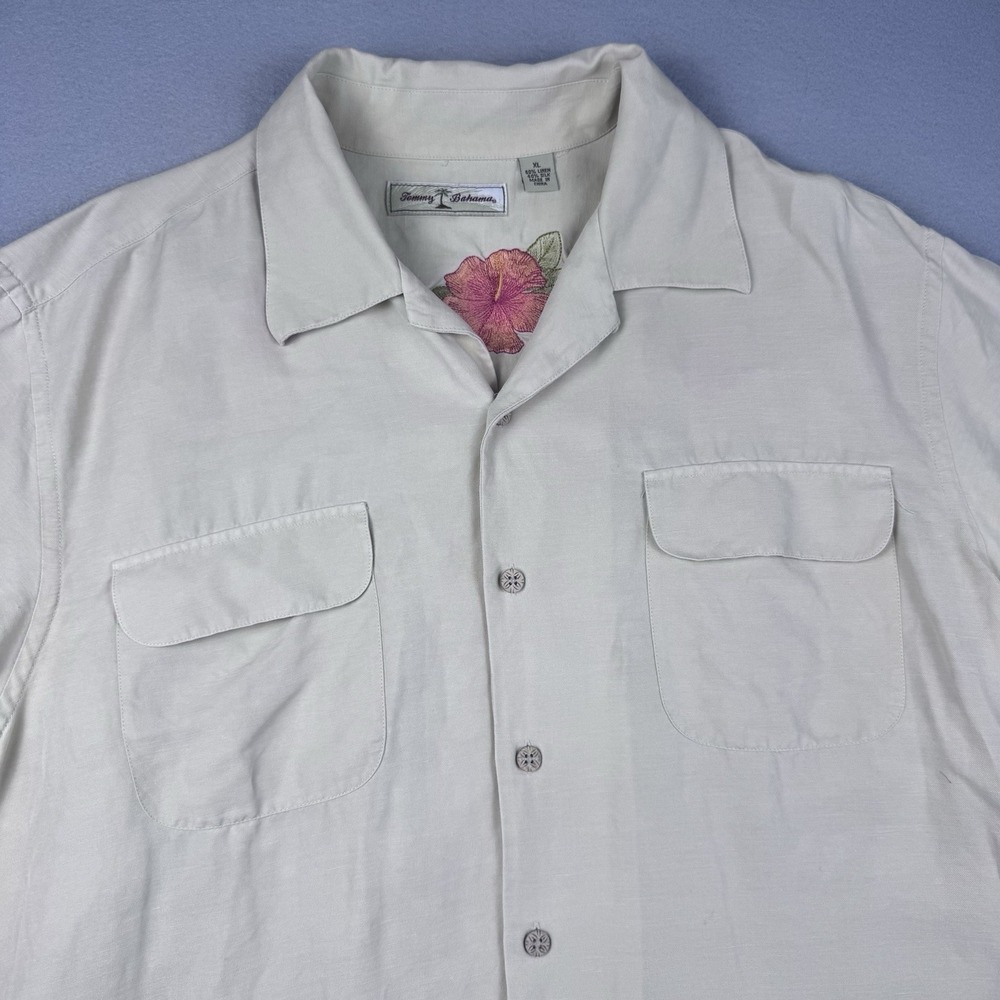 Tommy Bahama Linen Silk Button Shirt Men XL Flap Pocket Embroidered Camp Collar